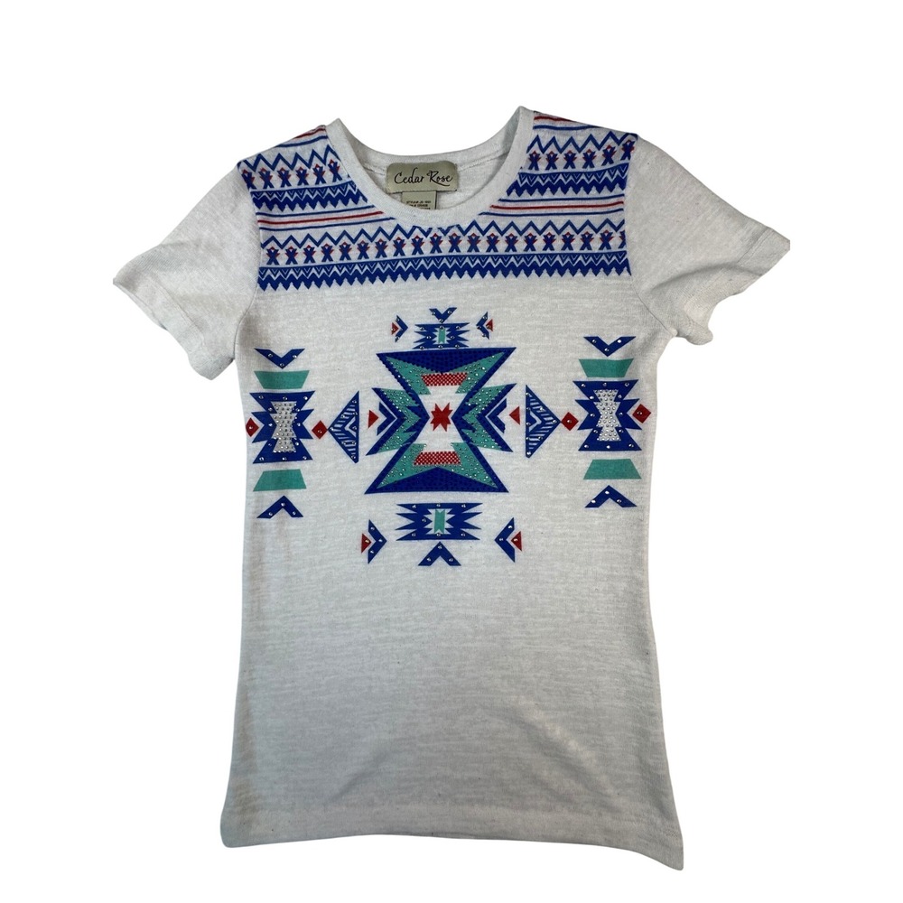 Cedar Rose Southwestern Graphic T Shirt Women's Small White Rhinestones‎